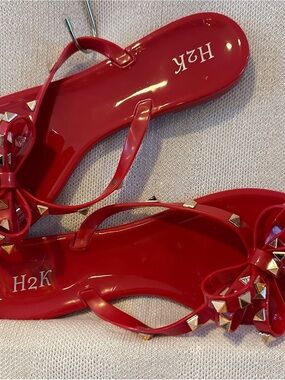 Red Studded Bow Jelly Sandals 10